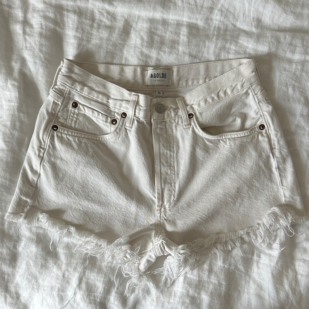 Agolde Cream Jean Shorts with Frayed Hem